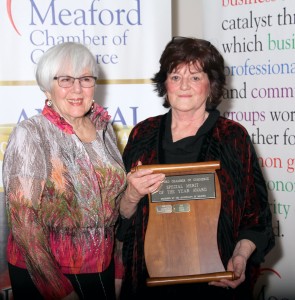 Mary Bryant accepting the Special Merit Award on behalf of Second Harvest- Sponsored by The Municipality of Meaford, presented by Mayor Barb Clumpus
