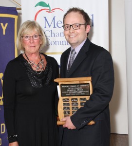 Andrew Renken accepting the Peter Francis Memorial Award on behalf of Brian Renken- Sponsored by the Meaford Chamber of Commerce, presented by Vice-President Liz Harris